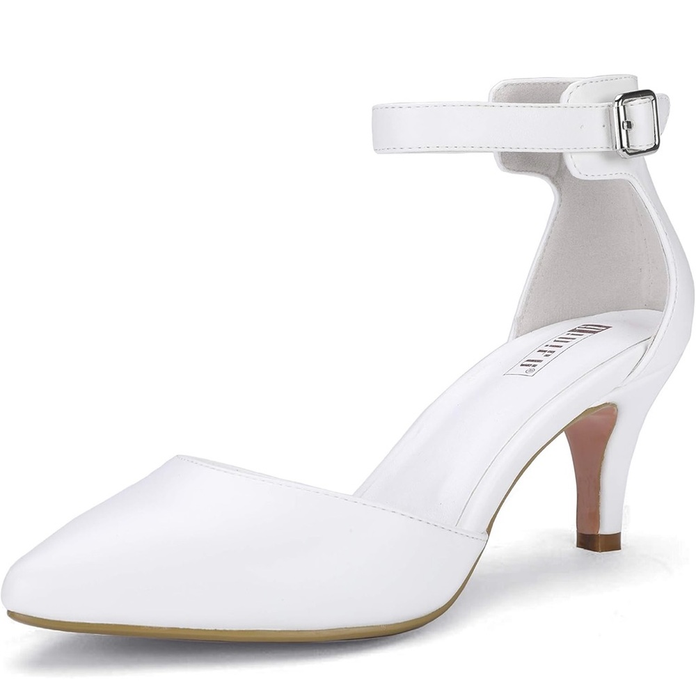 IDIFU White Ankle Strap Heels with Kitten Heel